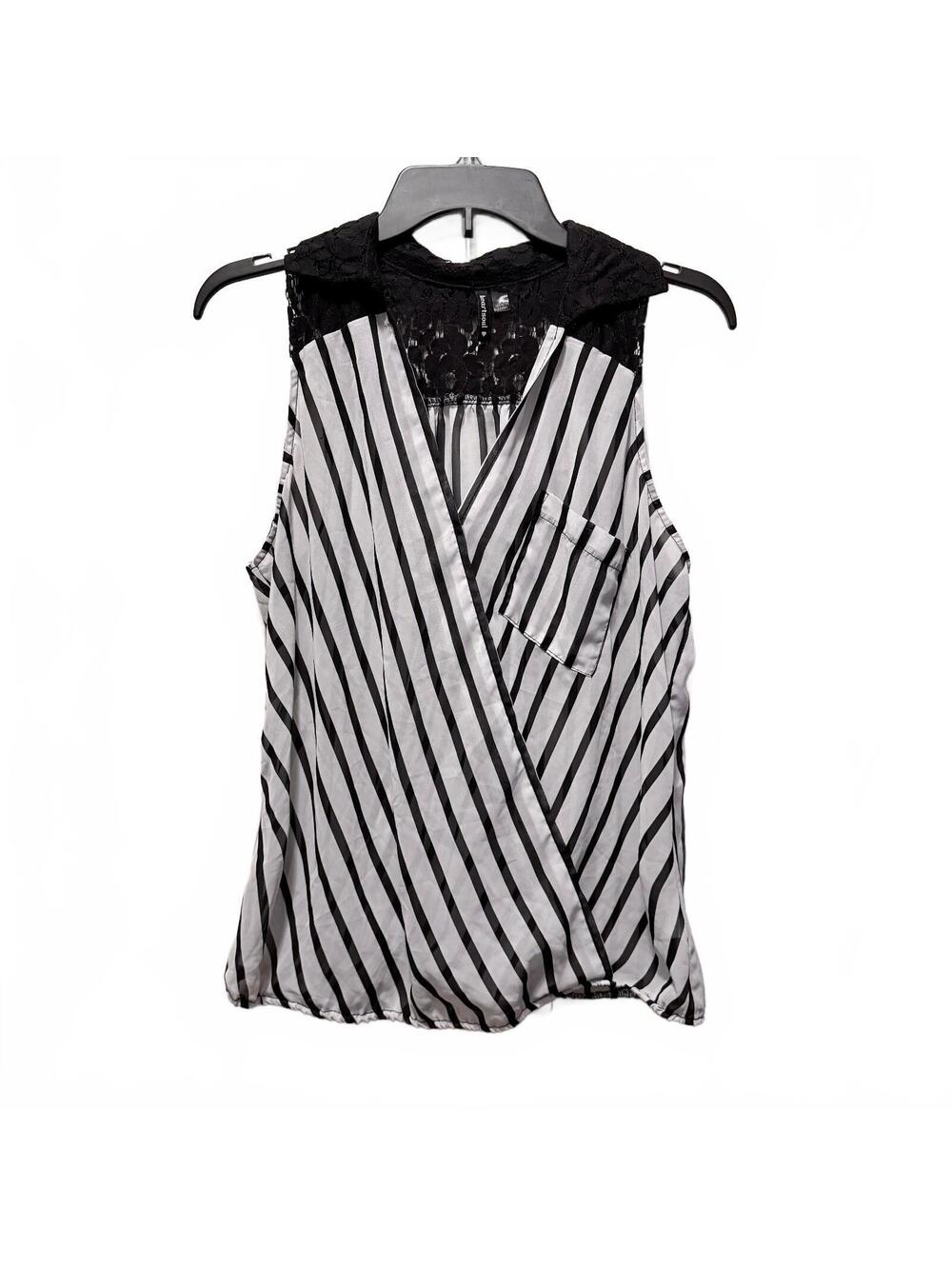 HeartSoul L Black White Striped Lace Yoke Sleeveless Surplice Blouse